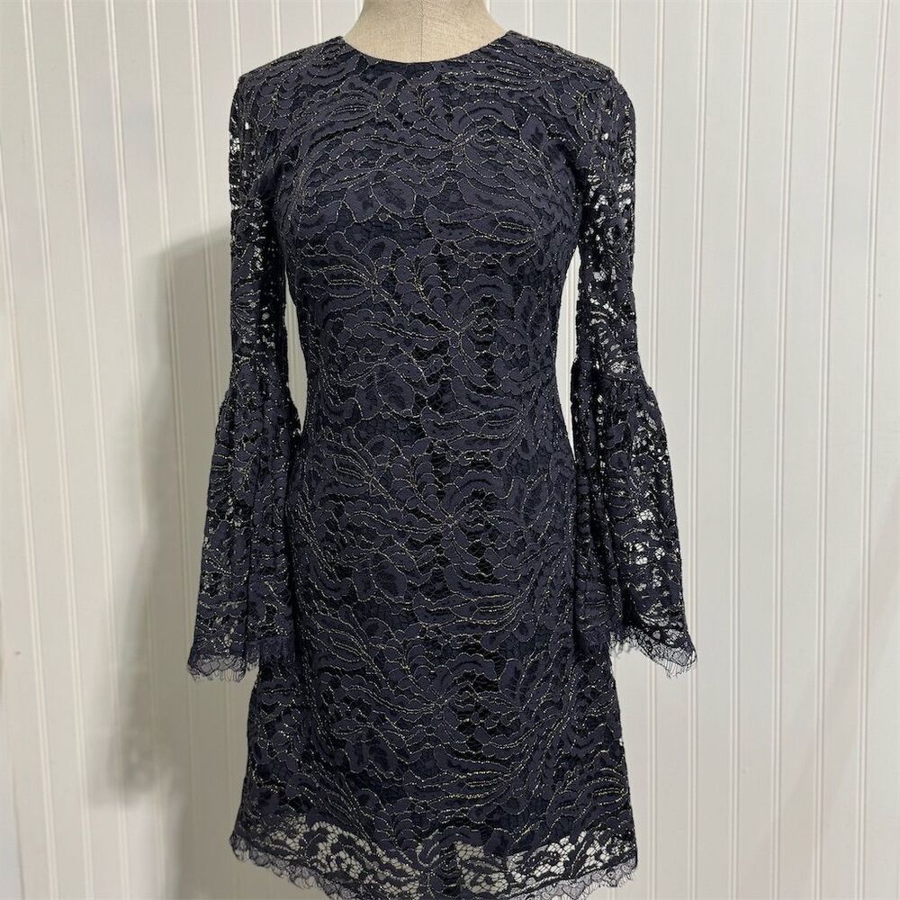 Dress the Population Navy Gold Metallic Lace Mini Dress Bell Sleeve Shift S USA